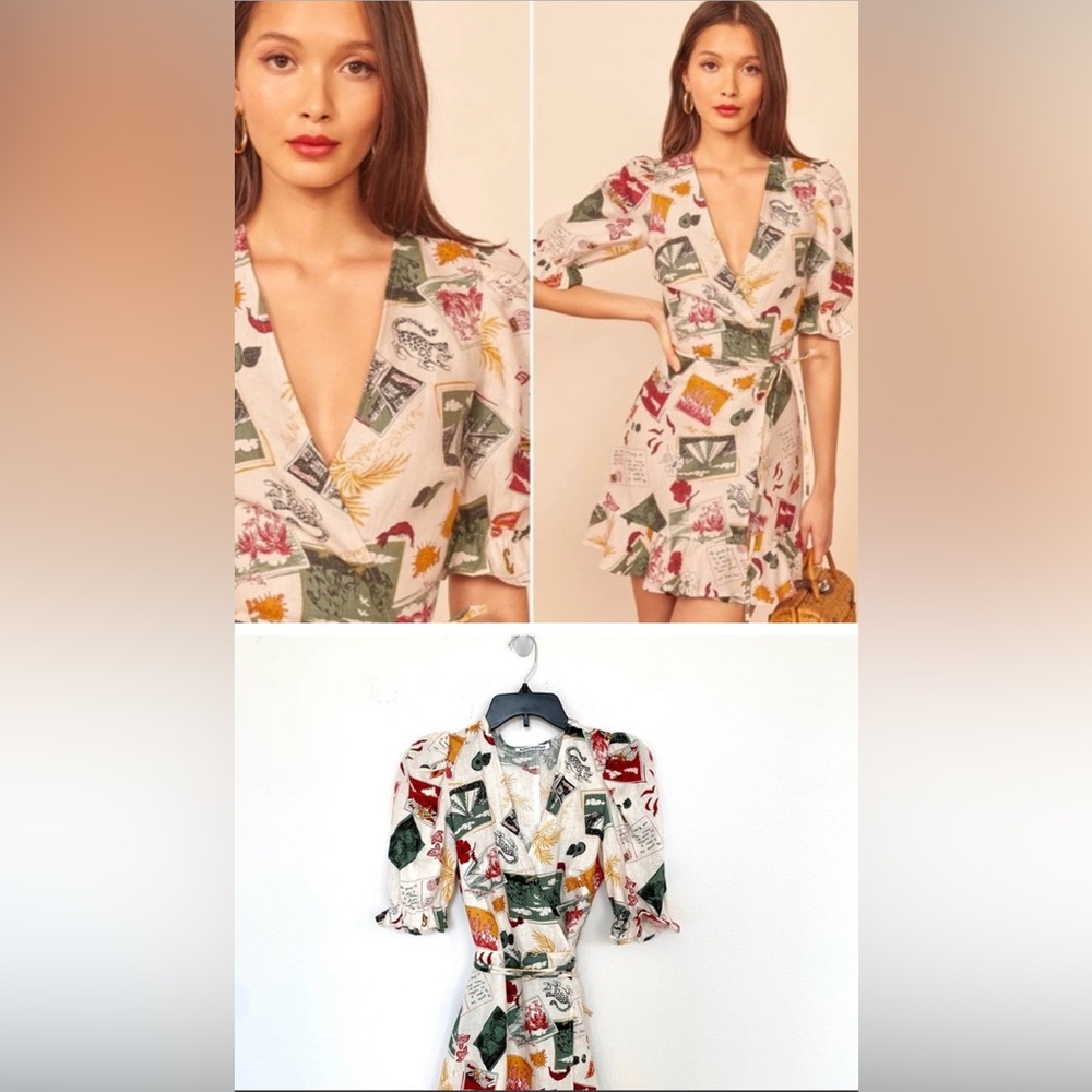 Reformation Carmelo Wrap Dress in Postcards print Vacaciones